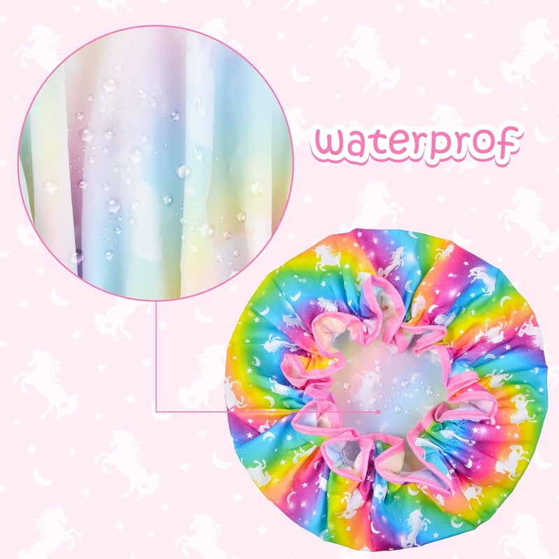 OlyPegic Kids Shower Cap, 3 Pcs Girls Shower Cap for Kids Reusable Waterproof Adjustable Large Hair Cap Unicorn Mermaid Rainbow Cute Hair Cover Hat - Image 5